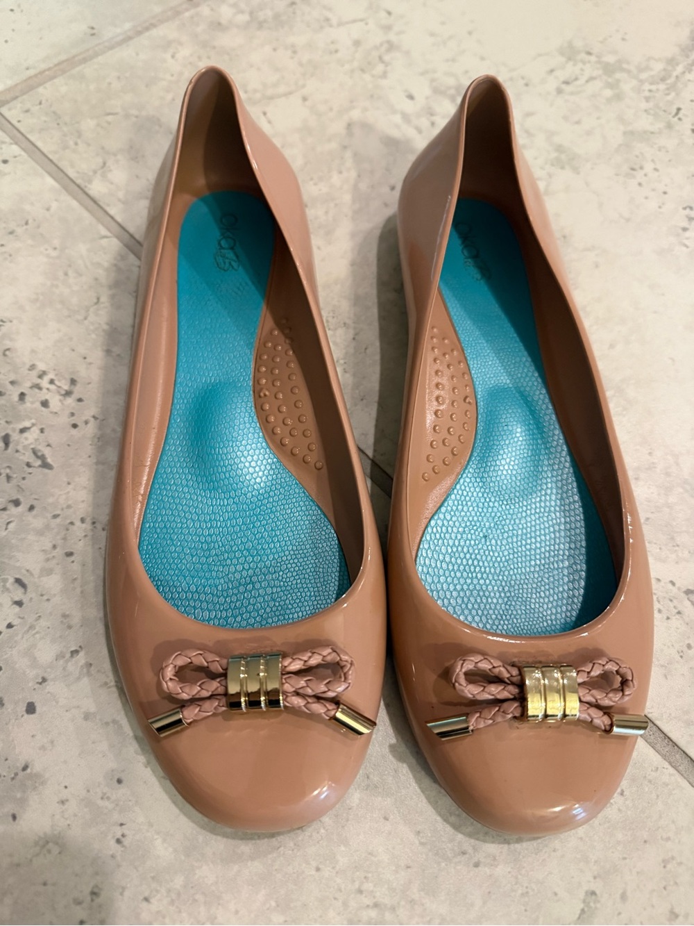 OKA b. Blush Patent Ballet Flats with Gold Bow Accent